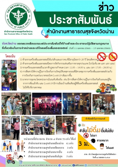 จังหวัดน่าน ออกตรวจเตือนรณรงค์ประชาสัมพันธ์ให้ร้านค้าและประชาชนปฏิบัติตามกฎหมาย ที่เกี่ยวข้องในการจำหน่ายและบริโภคเครื่องดื่มแอลกอฮอล์ (วันที่ 11 เมษายน 2565 – 17 เมษายน 2565)