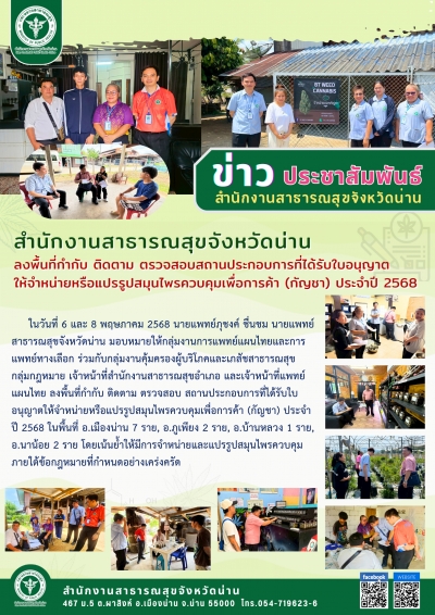 ลงพื้นที่กำกับ ติดตาม ตรวจสอบสถานประกอบการที่ได้รับใบอนุญาตให้จำหน่ายหรือแปรรูปสมุนไพรควบคุมเพื่อการค้า (กัญชา) ประจำปี 2568