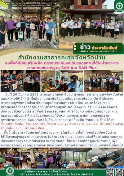 เฝ้าระวังความปลอดภัยด้านอาหารตรวจประเมินและให้การรับรองสถานที่จำหน่ายอาหาร ตามเกณฑ์มาตรฐานสุขาภิบาลอาหาร (SAN Plus)