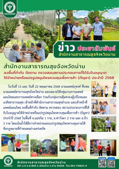 สำนักงานสาธารณสุขจังหวัดน่าน ลงพื้นที่กำกับ ติดตาม ตรวจสอบสถานประกอบการที่ได้รับใบอนุญาต ให้จำหน่ายหรือแปรรูปสมุนไพรควบคุมเพื่อการค้า (กัญชา) ประจำปี 2568