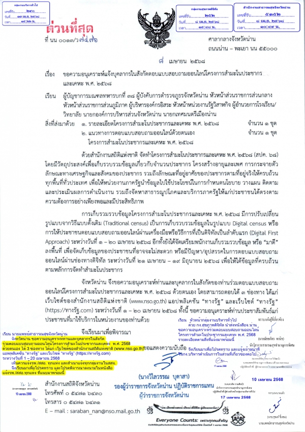 ประชาสัมพันธ์ ขอความอนุเคราะห์ ตอบแบบสอบถามออนไลน์โครงการสำมะโนประชากรและเคหะ พ.ศ. 2568