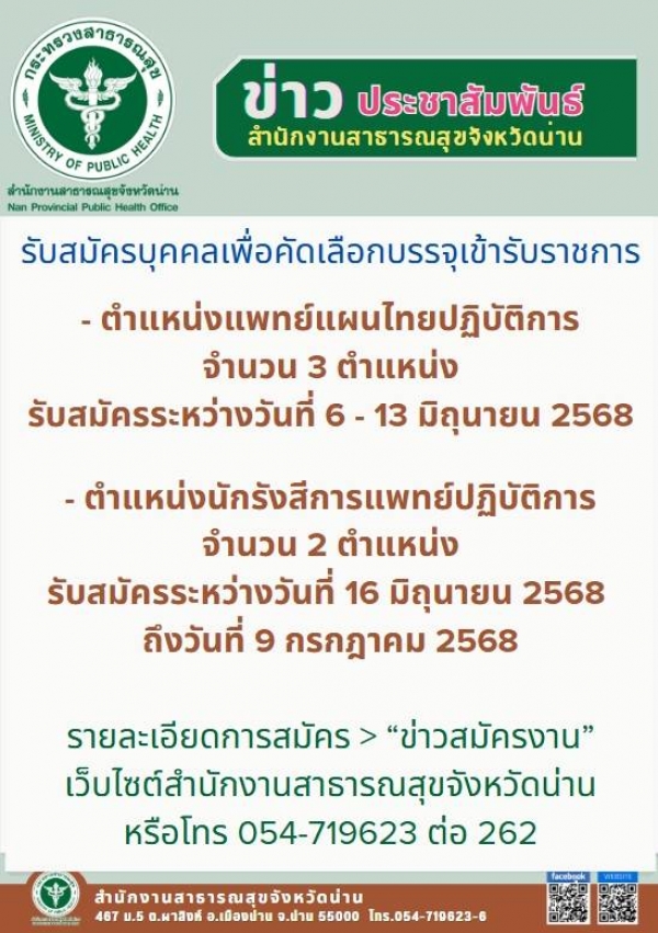 รับสมัครบุคคลเพื่อคัดเลือกบรรจุเข้ารับราชการ ตำแหน่งแพทย์แผนไทยปฏิบัติการ และตำแหน่งนักรังสีการแพทย์ปฏิบัติการ