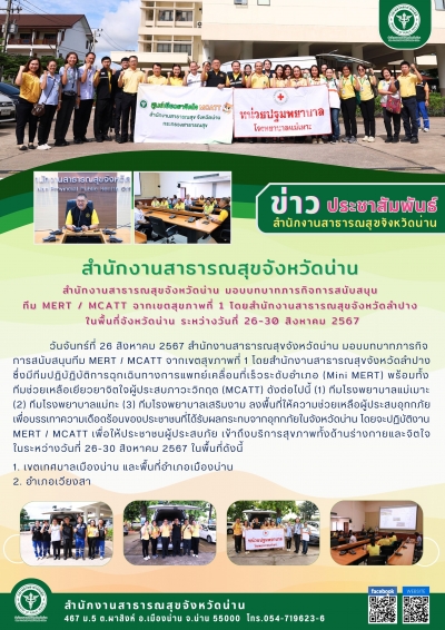   วันจันทร์ที่ 26 สิงหาคม 2567 สำนักงานสาธารณสุขจังหวัด มอบบทบาทภารกิจ การสนับสนุนทีม MERT / MCATT จากเขตสุขภาพที่ 1 โดยสำนักงานสาธารณสุขจังหวัดลำปาง  ซึ่งมีทีมปฏิบัฏิบัติการฉุกเฉินทางการแพทย์เคลื่อนที่เร็วระดับอำเภอ (Mini MERT) พร้อมทั้ง ทีมช่วยเหลือเยียวยาจิตใจผู้ประสบภาวะวิกฤต (MCATT) ดังต่อไปนี้ (1) ทีมโรงพยาบาลแม่เมาะ  (2) ทีมโรงพยาบาลแม่ทะ (3) ทีมโรงพยาบาลเสริมงาม ลงพื้นที่ให้ความช่วยเหลือผู้ประสบอุทกภัย  เพื่อบรรเทาความเดือดร้อนของประชาชนที่ได้รับผลกระทบจากอุทกภัยในจังหวัดน่าน โดยจะปฏิบัติงาน  MERT / MCATT เพื่อให้ประชาชนผู้ประสบภัย เข้าถึงบริการสุขภาพทั้งด้านร่างกายและจิตใจ  ในระหว่างวันที่ 26-30 สิงหาคม 2567 ในพื้นที่ดังนี้  1. เขตเทศบาลเมืองน่าน และพื้นที่อำเภอเมืองน่าน 2. อำเภอเวียงสา